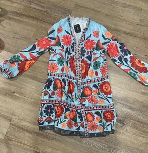 Embroidered Floral Tunic Dress - Blue with Red & Orange Blooms button up thumbnail 1