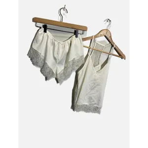 Homebodii Pajama Set Womens S Ivory Satin Lace Cami Tap Shorts Bridal Sleepwear thumbnail 2