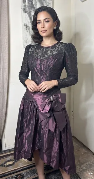 VTG 80s Whimsigoth High-Low Prom Dress Metallic Purple Taffeta Black Lace-Bow S thumbnail 1