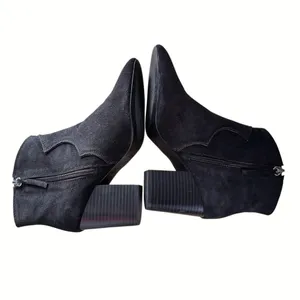 ZARA Womens Sz 36 US 6 Suede Leather Cowboy Ankle Boots Black Block Heel Booties thumbnail 6