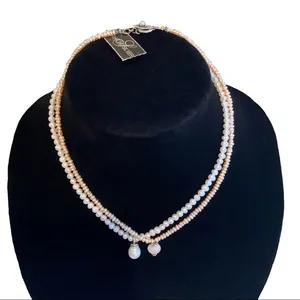Sterling Silver NWOT & Faux Peach Pearl Necklace with Crystal Accent Pendant thumbnail 1