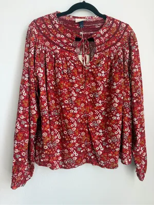 Universal Thread Red Floral Tie-Neck Long Sleeve Blouse thumbnail 1