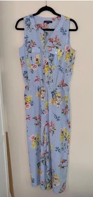 Spense Floral Blue and White Striped Jumpsuit Belt Loops and Pockets Vacation thumbnail 1