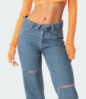 Edikted‎ Light Wash V-Waist Distressed Straight Leg Jeans Size S thumbnail 1
