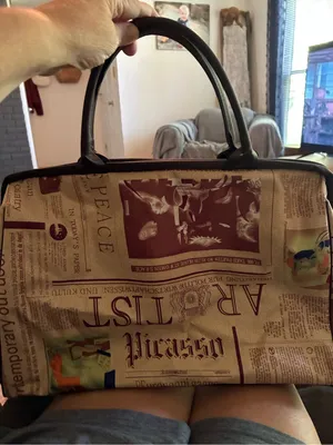 Women's Newspaper Print Tote Bag in Beige and Brown thumbnail 3