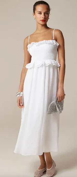 NEW J.Crew Ravenna Dress Ramie Ruffle Lightweight Smocked Midi White Small thumbnail 1
