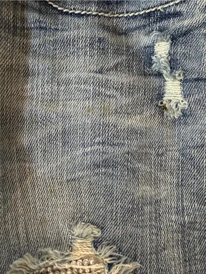 Machine distressed crystal embellished low rise denim jeans thumbnail 12
