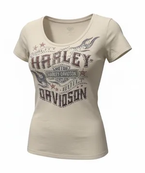 Harley Davidson Chicago IL T-Shirt Small Cream Graphic Tee Rhinestone Flame thumbnail 1