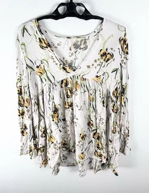 FREE PEOPLE Bella Floral Long Sleeves V-Neck Tunic Top Size Medium Boho Casual thumbnail 1