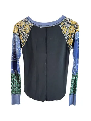 We The Free People Bright Side Patchwork Thermal Top Small Bandana Boho Blue thumbnail 6