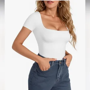 $39 NWOT Mobeso Women's Square Neck Short Sleeve Double-Lined BodySuit L thumbnail 2