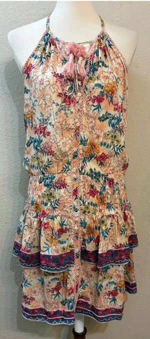 Tolani Boho Floral Halter Ruffle Mini Dress Peach Pink Tassel Smocked Waist thumbnail 1