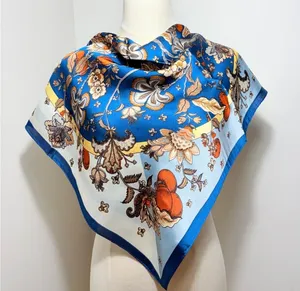 Elegant Blue Scarf with Orange and Beige Floral Pattern, Versatile Square thumbnail 1