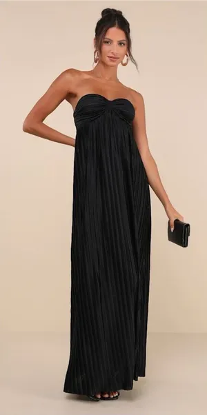 LULU’S Whimsical Beauty Black Satin Plisse Strapless Maxi Dress thumbnail 1
