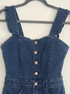 Almost Famous Dark Wash Denim Romper with Ruffle Sleeves Size Small NWT thumbnail 2