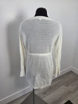 Ivory Cream Loose Knit Swim Cover Up Long Sleeve Sheer Cottagecore Beach Boho L thumbnail 4