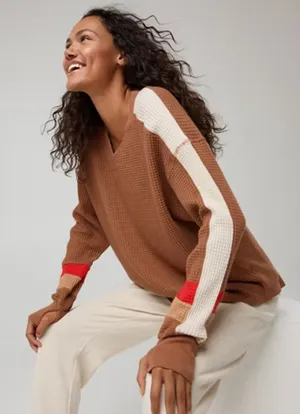 Womens Small Offline Wow! waffle notch neck brown long sleeve pullover t-shirt thumbnail 1