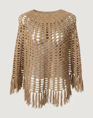 Handmade Vintage Crochet Poncho Tan Camel Fringe‎ Boho Festival One Size thumbnail 1