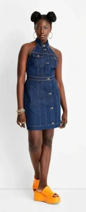 Future Collective Alani Noel Sleeveless Collared Denim Mini Dress - Size 4 thumbnail 1
