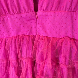 Lulus Dramatic Poise Magenta Pink Dot Tulle Puff Sleeve Tiered Mini Dress Size L thumbnail 10