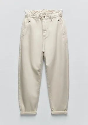 Zara NWT Z1975 Baggy High Waisted Paperbag Jeans Ecru Off White Size 30 thumbnail 5