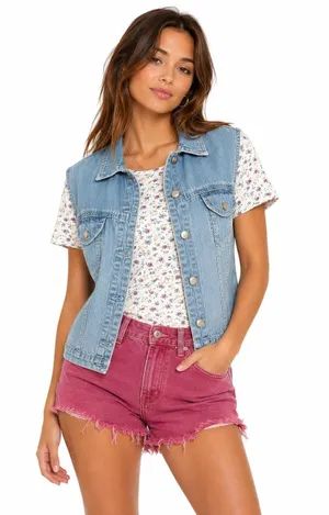Vintage ‘80s Sasson Floral Cotton & Denim Button Front Short Sleeve Crop Top thumbnail 1