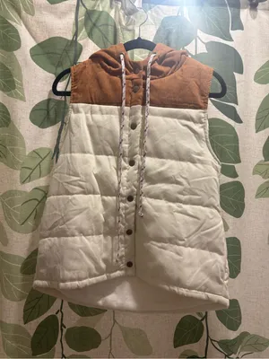 Hem & Thread Cream Quilted Hooded Vest with Brown Trim thumbnail 2