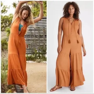 Anthropologie Saturday Sunday ribbed tiered jumpsuit rust‎ colored size XS thumbnail 2
