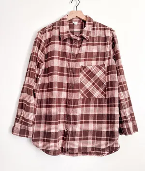 Aerie Brown Plaid Flannel Shirt SP 100% Cotton Button Down Oversized thumbnail 1