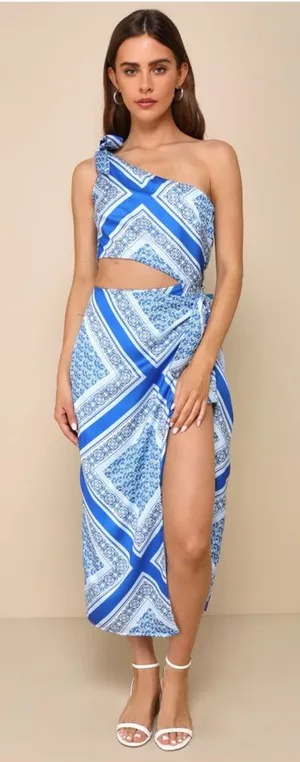 Lulus Vacay Beauty Blue Scarf Print One-Shoulder Tie-Strap Midi Dress thumbnail 1