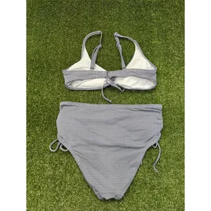 Kona Sol High Waisted Bikini Set Swimsuit Blue White Gingham Plaid Tie Detail M thumbnail 5