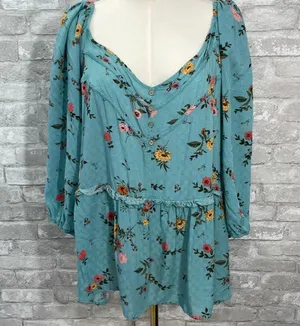 Maurices Teal Floral Babydoll Top thumbnail 2