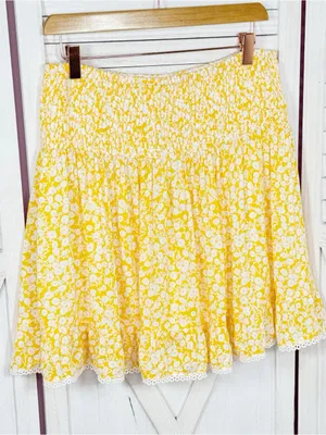 Lost + Wanderer Floral Lace Hem Smocked Waist Mini Skirt Yellow White XL Cottage thumbnail 7