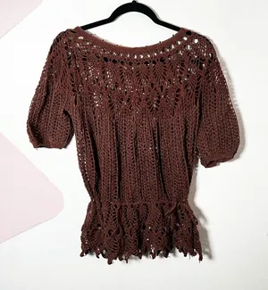 Brown Crochet Knit‎ Short Sleeve Peplum Top Sz Small Boho Vacation Y2K Beach thumbnail 1