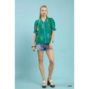 Umgee Petal Parade Print Button-Down Blouse - Jade - Small thumbnail 4