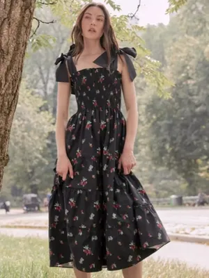 NWT Hill House Ribbon Ellie Nap in Black Ikat Taffeta Smocked Midi Dress XS thumbnail 7