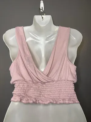 Urban Outfitters Tank Top Womens Medium Pink Deep V Neck Smocked Cropped thumbnail 5