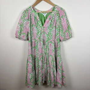 Crown Ivy Dress Sz‎ S Pineapple Green Cottage Tiered Tropical Puff Short thumbnail 2