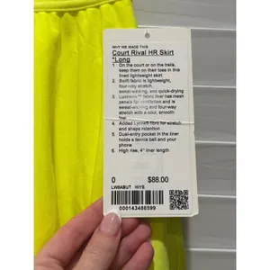 NEW Lululemon Court Rival HR Skirt Long Women 0 Highlight Yellow Neon Tiered thumbnail 2
