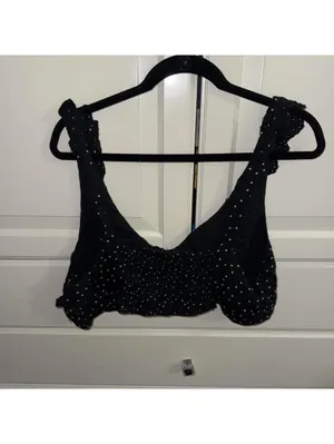 American Eagle XS Crop Top Black White Polka Dot Eyelet Scalloped Ruffle V-Neck thumbnail 6