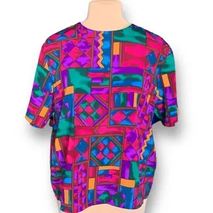 Vintage Hill & Archer Shirt Geometric Multicolor Purple Blue Crinkle‎ Fabric thumbnail 9