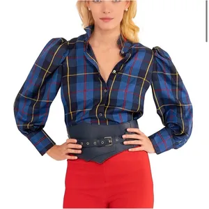 Gretchen Scott Plaid Puff Sleeve Blouse Women Medium Blue Excellent Tartan Top thumbnail 1