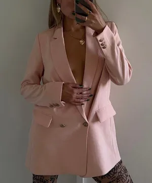H&M oversize lined double breasted blazer jacket coat with gold button hardware thumbnail 1