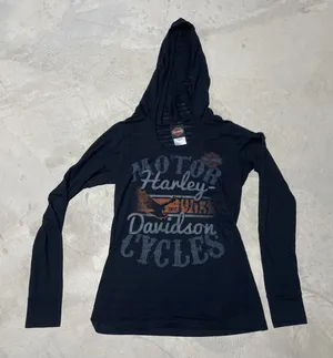 Harley Davidson Black Long Sleeve Top w/ Hoodie Pelham AL SZ L Motorcycle thumbnail 1