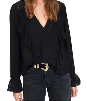 Zara Trf Collection Goth Black Long Sleeve Vneck Sheer Ruffle Top S thumbnail 1