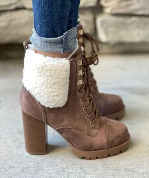 Top Moda Tan Sherpa lug Sole Ankle Bootie thumbnail 1