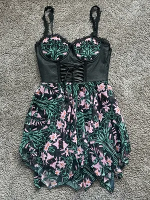 Dolls Kill Black Floral Lace-Up Mini Dress with Pink & Green Print thumbnail 1