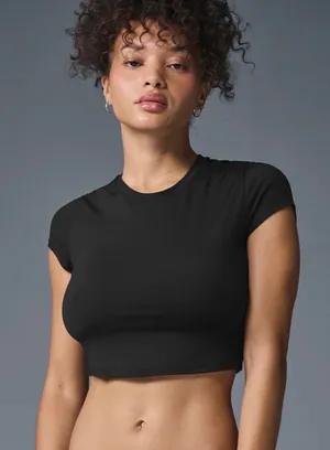 ALO Yoga Black Cropped Crewneck Cap-Sleeve Top thumbnail 1