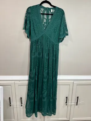 PinkBlush Forest Green Lace Mesh Overlay Maxi Dress thumbnail 2