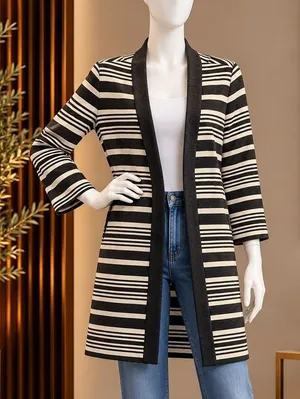 Domani Knits Womens Long Coat Striped Knit Button Front Gray Cream Large thumbnail 1